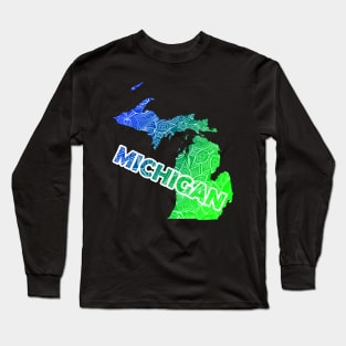 Colorful mandala art map of Michigan with text in blue and green Long Sleeve T-Shirt